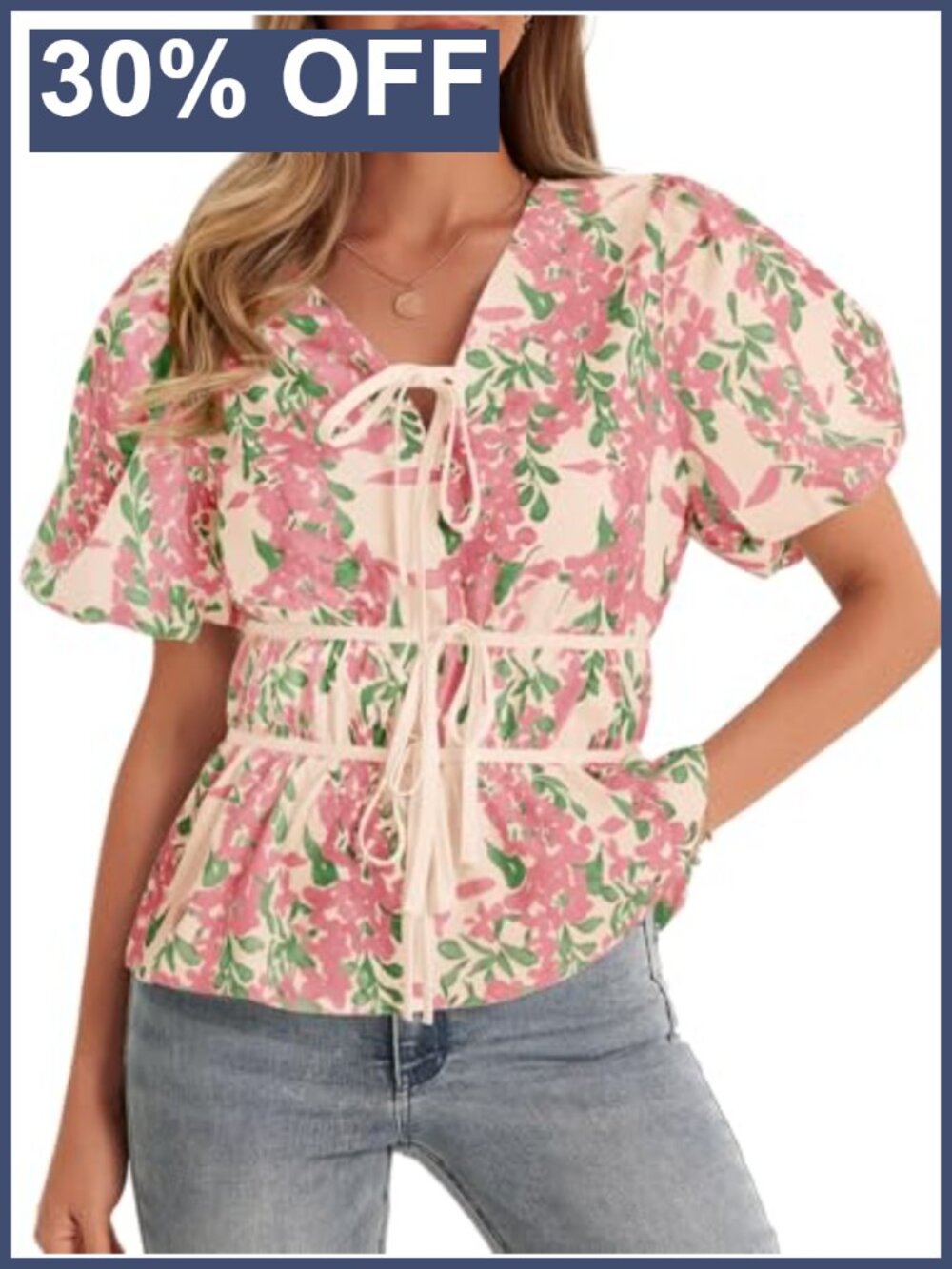 Womens Peplum Babydoll Top V Neck Puff Sleeve Bow Floral Summer Blouse